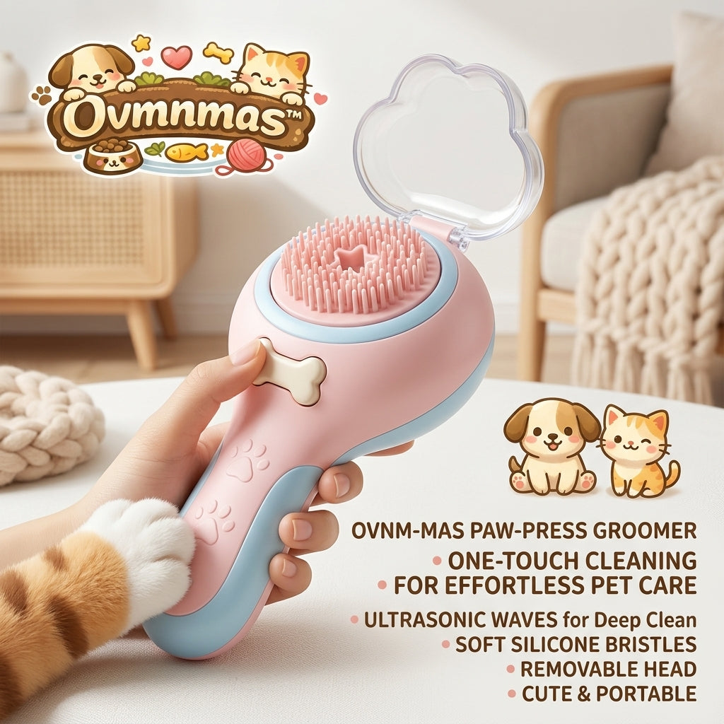 Ovmnmas™ Ultrasonic Pet Grooming Brush - 2-in-1 Paw-Press Massage & Deshedding Tool for Dogs & Cats - Soft Silicone Bristles, One-Touch Self-Cleaning Mechanism, Portable & Kawaii Design for Effortless Pet Care