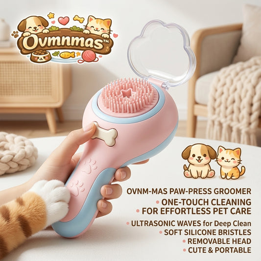 Ovmnmas™ Ultrasonic Pet Grooming Brush - 2-in-1 Paw-Press Massage & Deshedding Tool for Dogs & Cats - Soft Silicone Bristles, One-Touch Self-Cleaning Mechanism, Portable & Kawaii Design for Effortless Pet Care