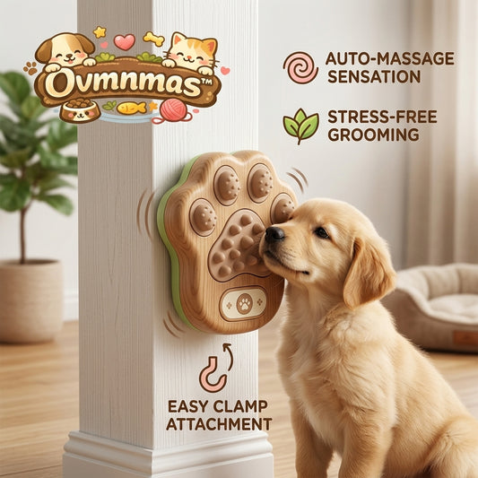 Ovmnmas™ Paw-Shaped Pet Self-Groomer & Massager – Wall-Mounted Auto-Massage Brush for Dogs & Cats – Stress-Relief Deshedding Tool with Easy Clamp Attachment & Premium Wood-Grain Finish