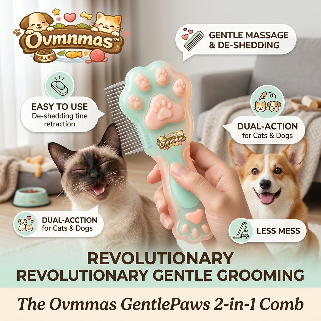 Ovmnmas™ GentlePaws 2-in-1 Pet Grooming Comb - Retractable De-shedding Tool & Massage Brush for Cats and Dogs - Professional Undercoat Rake for Short & Long Hair - Ergonomic Paw Design